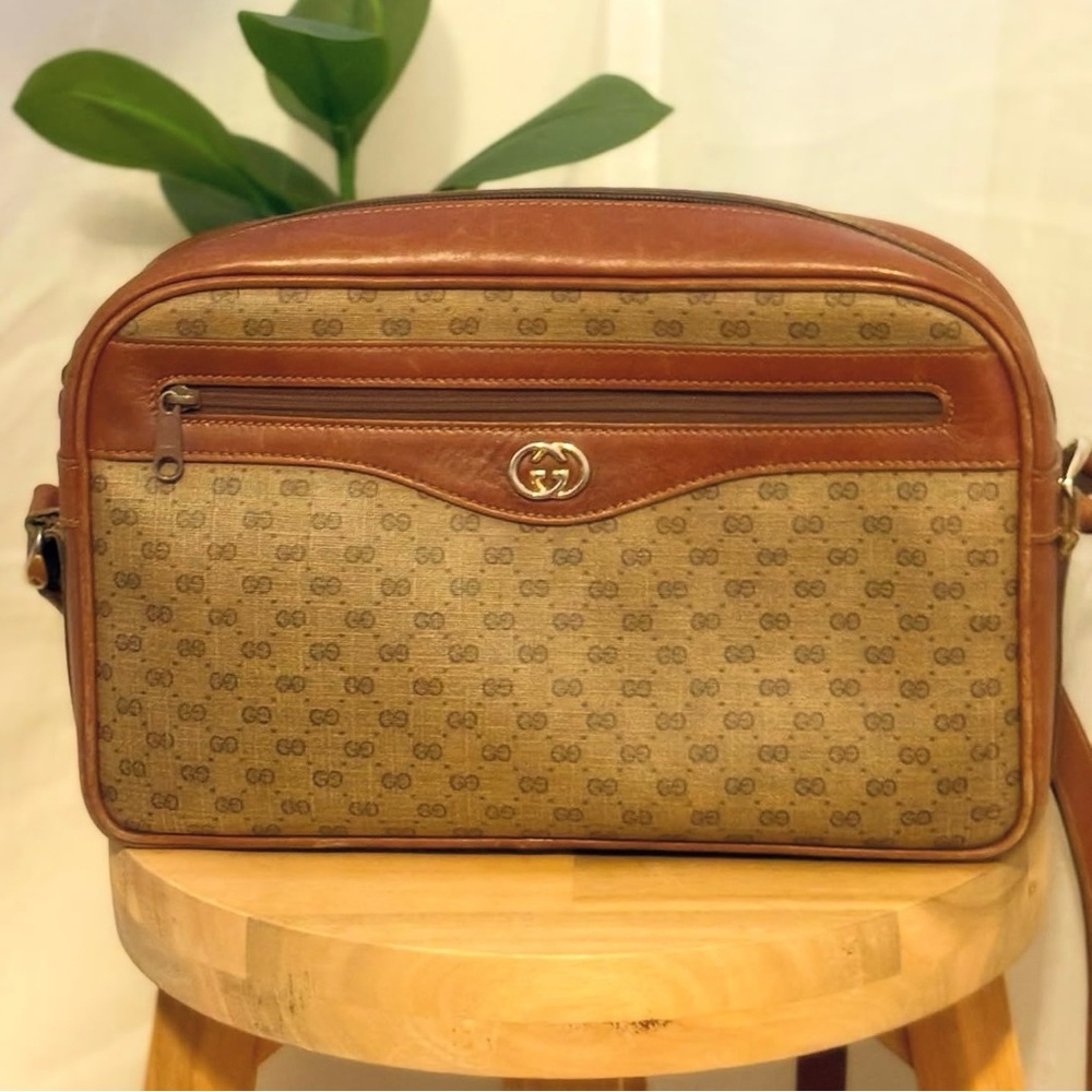 Vintage Gucci Tan and Brown Monogram Crossbody Bag